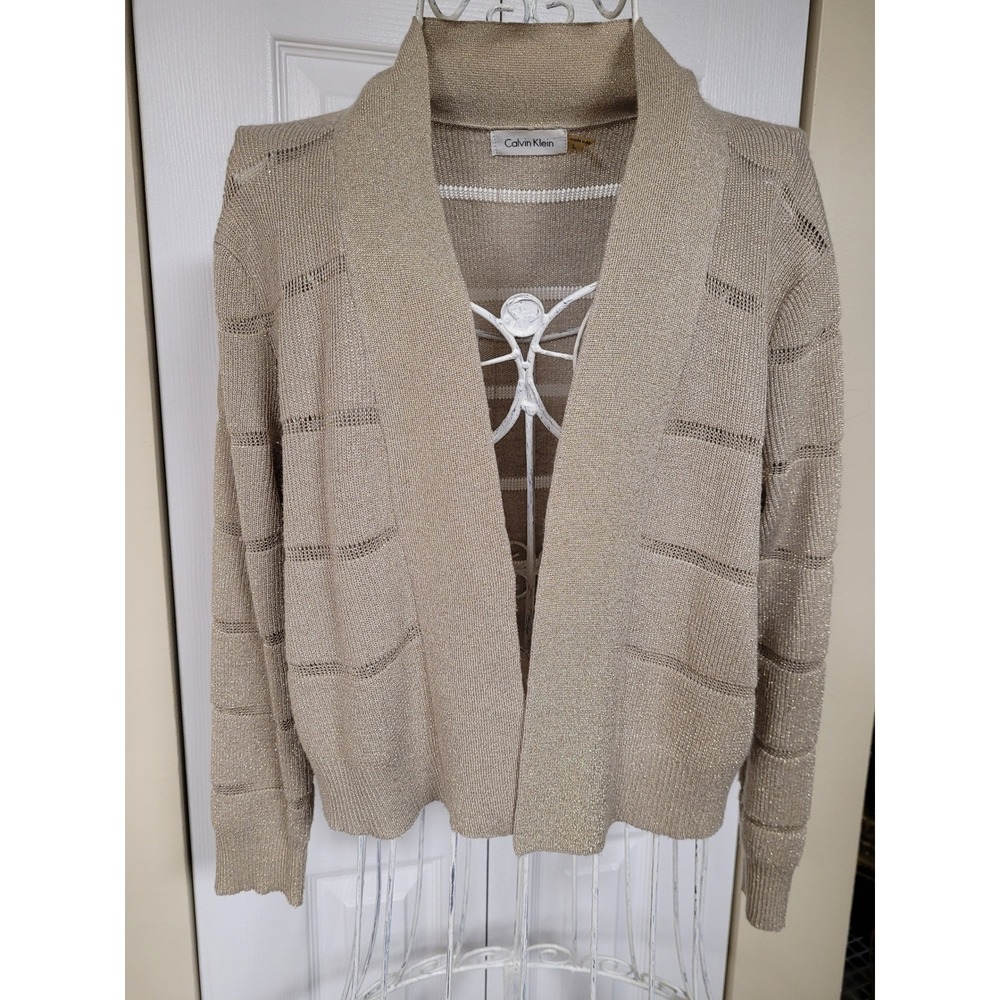 Calvin Klein Gold Metallic Chic Open Front Shrug Cardigan Sweater Womens Size L